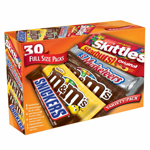 Snickers, M&Ms Peanut, M&Ms regular, 3 Musketeers, Starburst, Skittles Variety Pack • 30 ct